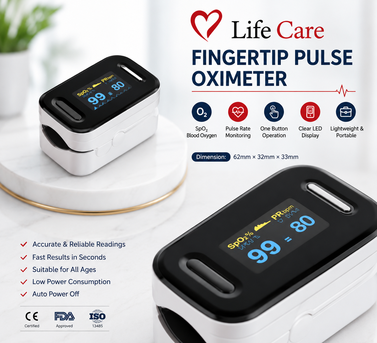 Life Care Pulse Oximeter – SpO2 & Heart Rate Monitor 1 Life Care Pulse Oximeter – SpO2 & Heart Rate Monitor