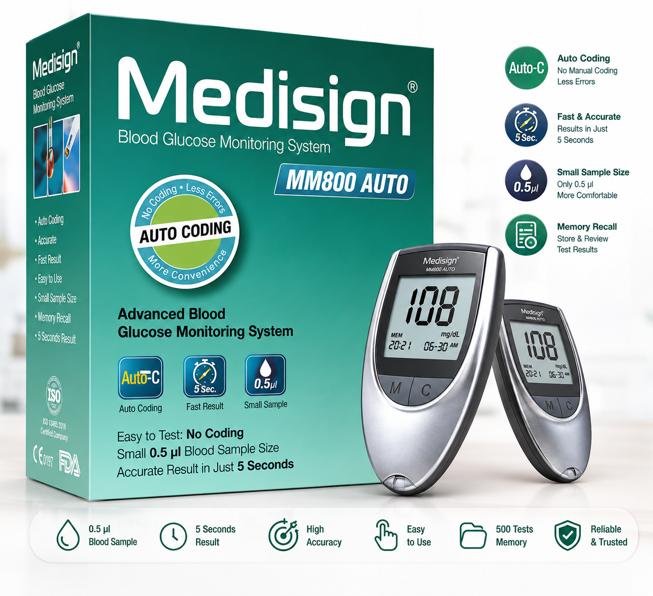 Medisign MM800 Auto Blood Glucose Meter – 5 Second Testing 1 Medisign MM800 Auto Blood Glucose Meter – 5 Second Testing