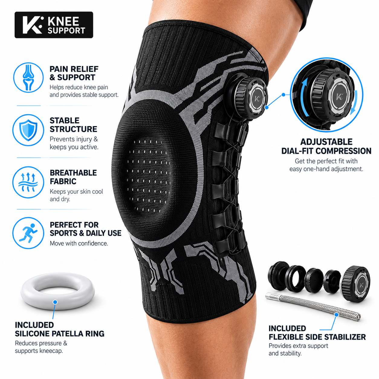 Adjustable Dial-Fit Knee Support Brace – Compression & Stabilization 1 Adjustable Dial-Fit Knee Support Brace – Compression & Stabilization